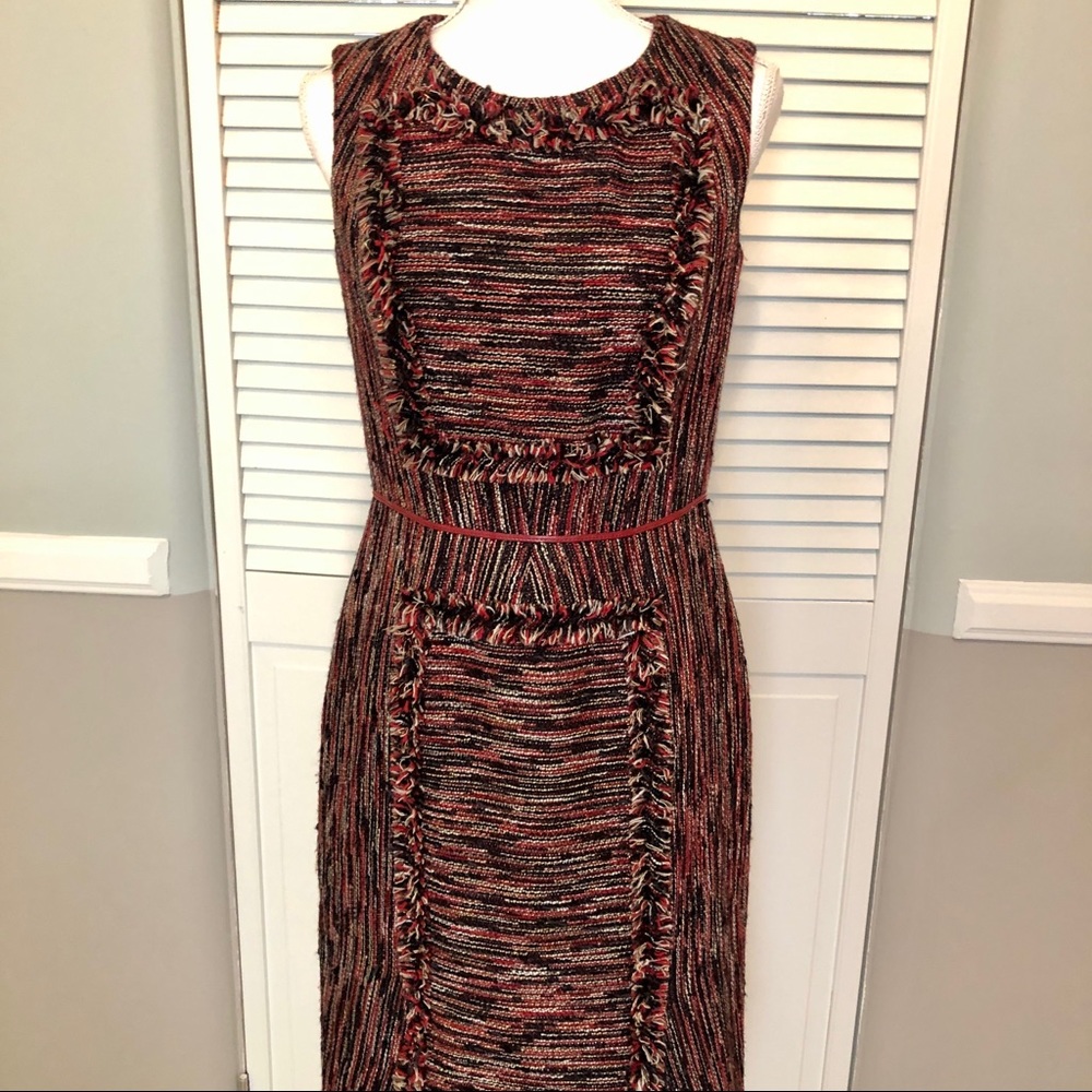 $1,900 Carolina Herrera Wool Blend Sheath Dress Red Black Fringe Trim Size 8